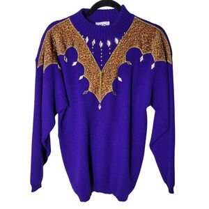 Vtg Colon Womens Sz One Size XL Purple Animal Print Long Sleeve Sweater
